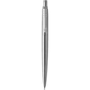 A sleek silver pen featuring a streamlined design and a decorative arrow detail on the clip.