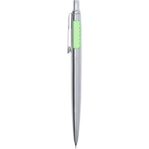 A silver mechanical pencil with a green accent, featuring a clip and a brand logo.
