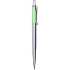 A silver mechanical pencil with a green clip, featuring a branding logo.