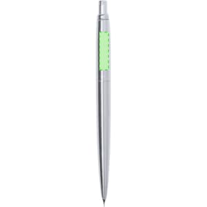 A silver mechanical pencil with a green grip and a clip, featuring a logo on the barrel.