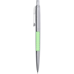 A mechanical pencil with a silver body and a bright green grip, featuring a clip and a branding logo.