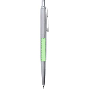 A mechanical pencil with a silver body and a green grip, featuring a clip and a point for writing.