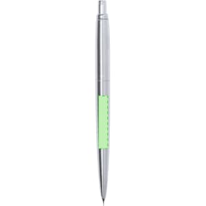 A mechanical pencil with a sleek silver body and a green grip section, featuring a logo.