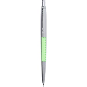 A mechanical pencil with a shiny silver body and a vibrant green grip, featuring a logo on the side.