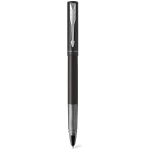 A metal pen in black with a sleek design and a logo on the barrel.