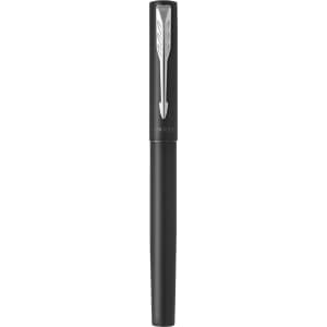 A sleek black metal pen with a silver arrow design and a logo on the clip.