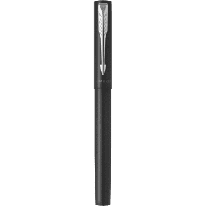 A sleek black metal pen with a silver clip design, featuring a logo on the barrel.