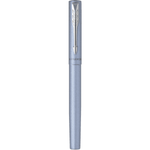 A metal pen in a sleek, silver-blue finish with a silver clip and branding on the barrel.