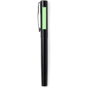 A black metal pen featuring a green highlight and a clip. The pen has a sleek, minimalist design.