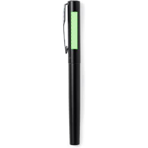A black metal pen with a green detailing, featuring a clip and a branding logo.