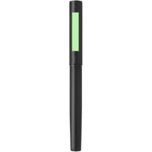 A metal pen with a sleek black design and a green accent. It features a logo on the body.