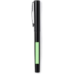 A black metal pen featuring a green accent section and a clip for attachment. The pen has a sleek design and branding.