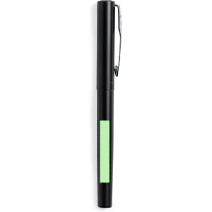 A metal pen in black with a green grip and clip, featuring a branding logo.