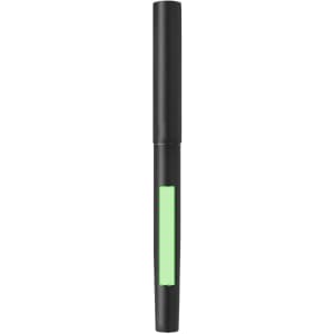 A metal pen in black with a green accent and a branding logo.