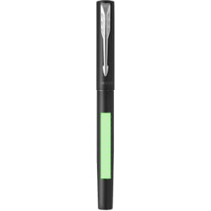 A black metal pen with a green accent and a logo. The design features an arrow motif on the cap.