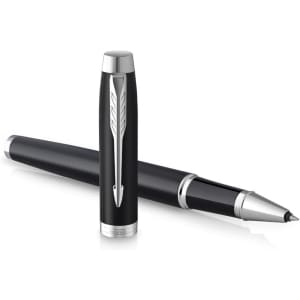 A black metal pen with a shiny silver clip, placed alongside its capped counterpart, featuring a sleek design.