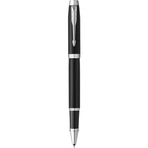 A metal pen in black with silver accents and a logo on the body.