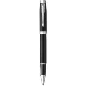 A black metal pen with silver accents and a detailed clip, featuring a logo on the barrel.