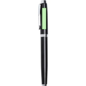 A metal pen featuring a sleek black body with a green highlight and a silver clip.