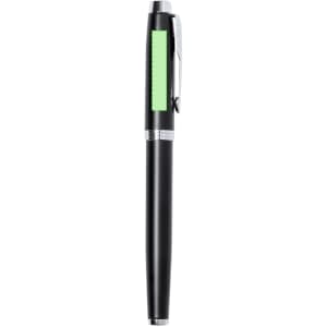 A black metal pen with a green textured grip and a silver clip. It features a logo on the barrel.