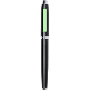 A black metal pen with a silver accent and a green section, featuring a logo on its body.