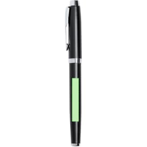 A metal pen in black with a silver clip and a green accent strip. It features a logo on the side.