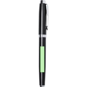 A sleek black metal pen with a green grip and silver accents, featuring a branding logo.