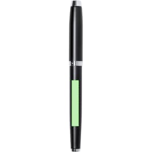 A black metal pen with a green rubber grip and silver accents, featuring a logo on the barrel.