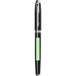 A black metal pen with a silver clip and a green area on the barrel, featuring a logo.