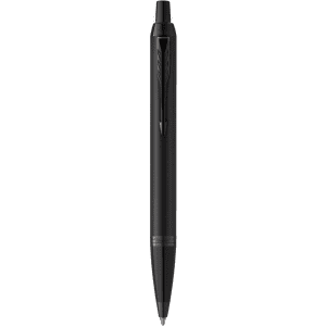 A metal pen in sleek black with a clip design and subtle detailing. It features a logo on the body.