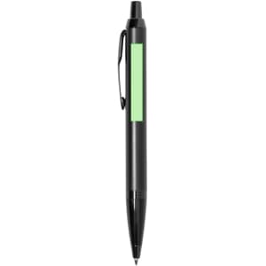 A metal pen featuring a sleek black design with a green accent. It includes a clip and has branding displayed.