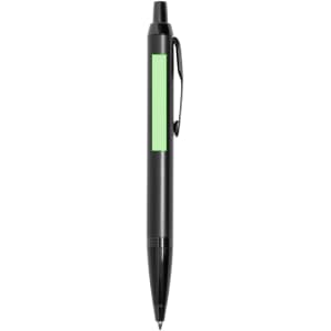 A black metal pen with a green section and a clip, featuring a logo on its body.
