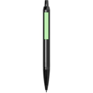 A black metal pen with a green accent and a logo, designed for writing.