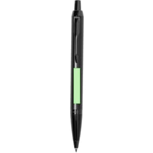 A black metal pen with a green accent and a logo on the barrel.