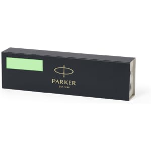 A black pen box featuring a logo, containing the IM Achromatic Pen, designed for writing.