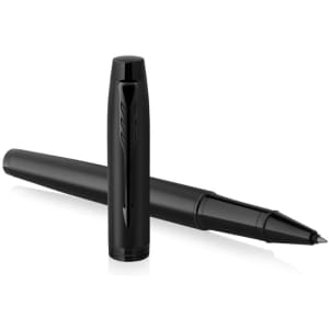 A black metal roller pen, featuring a sleek design and a cap, displaying a logo.