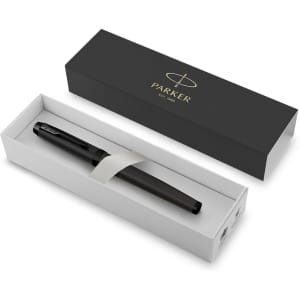 A metal pen in a white box with a black outer sleeve and a logo, featuring a sleek black finish.