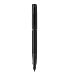 A black metal pen with a sleek design and a clip, featuring a branding logo.