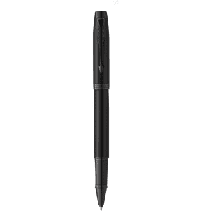 A black metal pen with a sleek design and a clip, featuring a logo on the body.