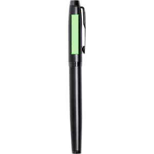 A black metal pen with a green grip and clip, featuring a branding logo.