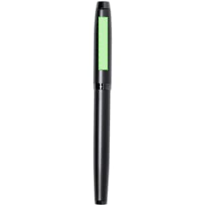 A metal pen in black with a vibrant green accent. The pen features a sleek design and a branding logo.