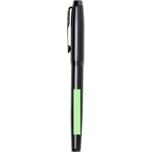 A metal pen in black with a green accent, featuring a sleek design and a clip for easy attachment.