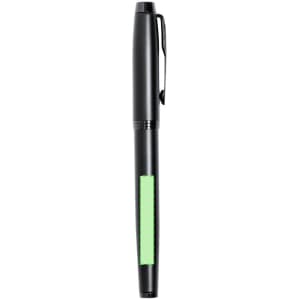 A metal pen in black with a section of bright green on the body and a clip for attachment. It features a logo.