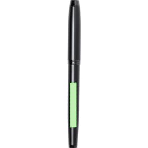 A metal pen in black with a green grip section. The pen features a subtle branding logo.