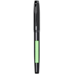 A black metal pen with a green grip and a logo on the body.