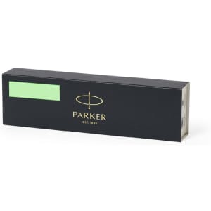 A dark blue box containing a metal pen, featuring a logo on the front.