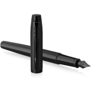 A black metal fountain pen with a sleek design, featuring a nib and a matching cap. The pen has a logo.