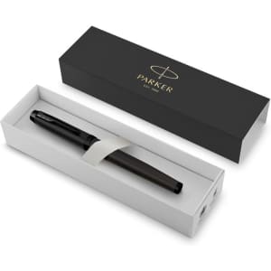 A black metal fountain pen displayed in a white box with a black outer sleeve, featuring a logo.