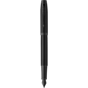 A black achromatic fountain pen with a sleek design and a pointed nib, featuring a logo on the body.
