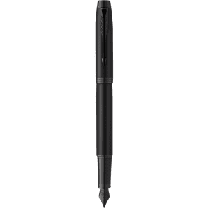 A black fountain pen with a sleek design and metallic finish, featuring a branded logo.